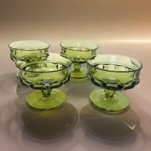 Indiana Glass "Kings Crown" Thumbprint Green Coupe Dessert Dishes Set of 4